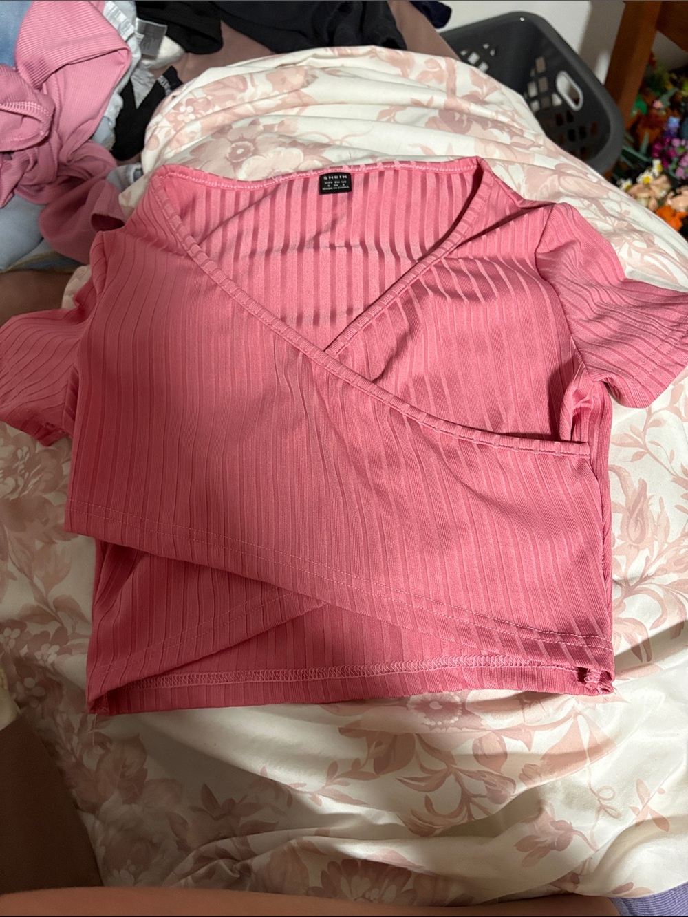 SHEIN Pink Ribbed Wrap Crop Top